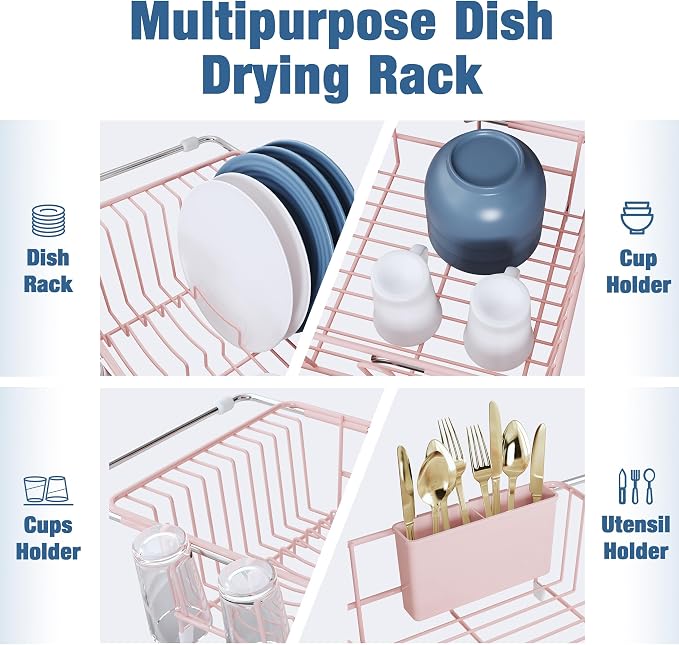 JASIWAY Pink Dish Drying Rack in Sink with Drainboard and Utensil Holder | Use Over the Sink or Counter, Stainless Steel Expandable Dish Drainer for Small Kitchen, Space Saving, Fast Drain, Rustproof - Image 7