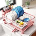 SNTD Dish Drying Rack for Small Kitchen Counter, 11" W x 15" L, Pink | Space Saving, Rotating Spout & Angled Drainboard for Quick Drainage, Stainless Steel, Removable Utensil Holder by SNTD