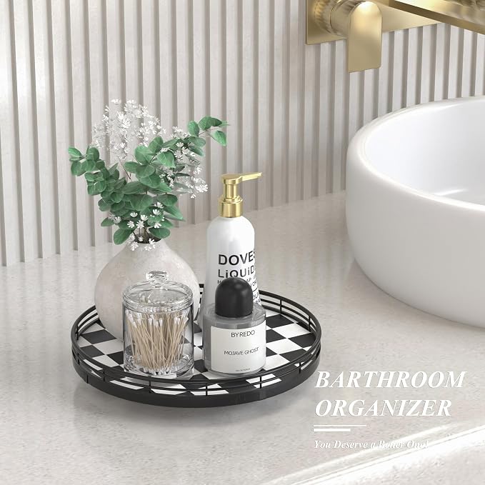 AMH 10-Inch Black and White Checkerboard Lazy Susan with Oak Base | Smooth rotating oak tray with walnut finish for dining tables, kitchen counters, pantries and cabinet storage. - Image 3