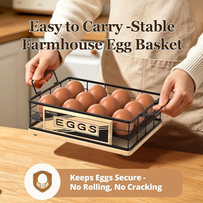 Farmhouse Egg Holder Countertop, Oak Wood & Metal Egg Basket with Handles | Stackable Rustic Egg Tray Organizer for Kitchen Counter, Holds 12 Eggs, Removable Divider for Fresh Egg Storage, Natural - Image 3