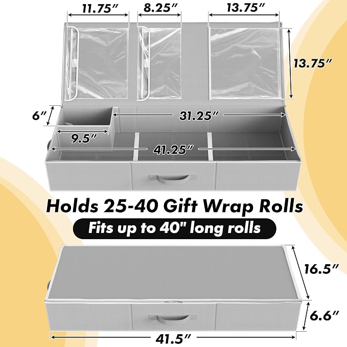 Simple Houseware 41.5" Wrapping Paper Organizer, Fits 40 Rolls, Gray | Adjustable Straps, Interior Divider for Ribbons & Bows, 3 Clear Pockets for Gift Bags & Tools, 41.5"L x 16"W - Image 2