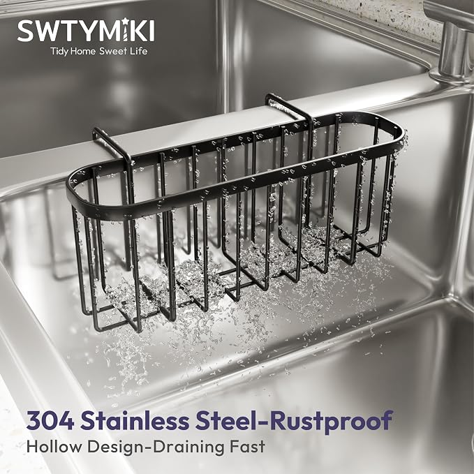 SWTYMIKI Sponge Holder for Kitchen Sink with Partition, Movable Kitchen Sink Caddy with Compact Size Stainless Steel Hanging Sink Sponge Caddy for Double Bowl Sinks, Black - Image 4