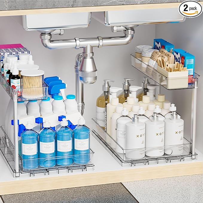 2 Pack 14.6″ Deep Pull Out Under Sink Organizer,10.8″ High 2 Tier Slide Out Cabinet Organizer for Kitchen Cabinet,Undersink Organizers,Under Sink Shelves,Bathroom Organizers and Storage,Clear by Yieach