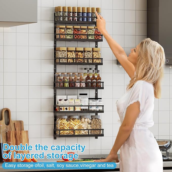 X-cosrack 6-Tier Wall-Mounted Spice Rack Organizer with Mixed Basket Sizes, Height-Adjustable Hanging Spice Shelf for Kitchen Pantry Cabinet, Large-Capacity Seasoning Holder, Black - Image 4
