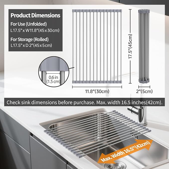 Sink Drying Rack, 17.5" X 11.8", Kitchen Sink Roll Up Drying Rack, Gray - Image 4