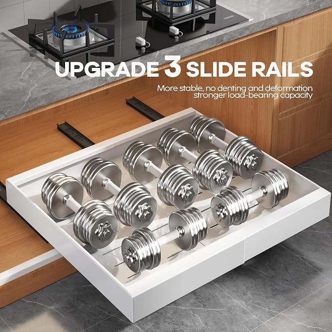 Seinloes 4 Pack Expandable Pull Out Cabinet Organizer 21"Deep With Raising Pad for Framed Cabinets,Upgrade 3 Slide Rails Slide Out Drawers,Roll Out Shelves Adhesive,Adjustable Width 15.15"-26.3" White - Image 5