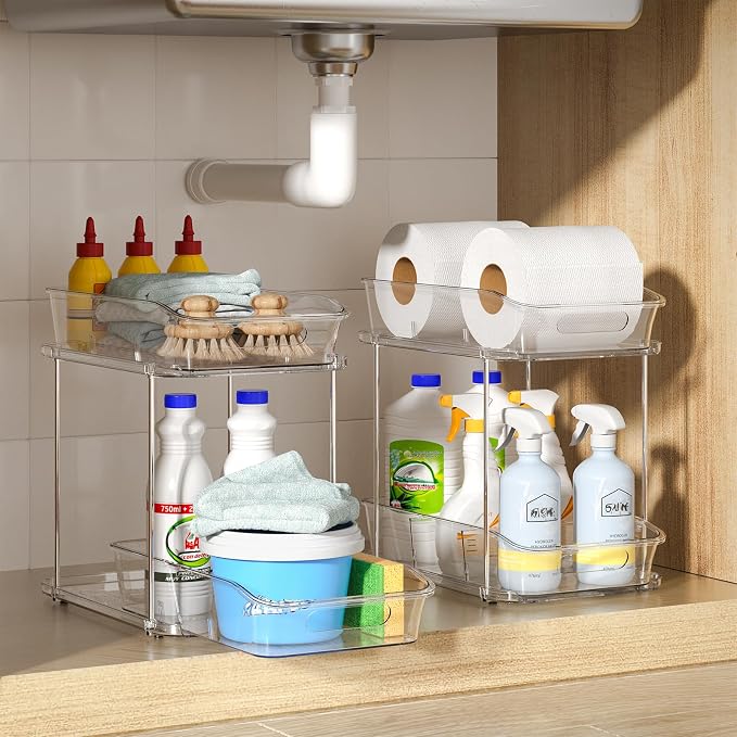 Delamu 2-Tier Under Sink Organizers and Storage, Multi-Purpose Stackable Bathroom Cabinet organizers, Pull Out Kitchen Pantry Organization and Storage with Dividers(3 Pack, Clear) - Image 9