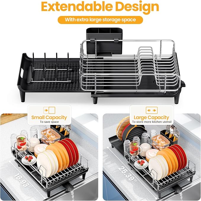TOOLF Expandable Dish Drying Rack for Kitchen Counter, Black | Collapsible 16.7"-26.8", Stainless Steel Dish Dryer Rack Drainer for RV, Apartment, with Cutlery Holder, Fits for 3-4 People - Image 3