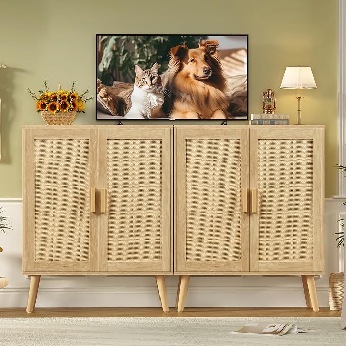 Iwell Storage Cabinet with 2 Shelves, Rattan Cabinet with 2 Doors, Sideboard Buffet Cabinets with Storage for Living Room, Dining Room, Entryway, Natural - Image 4