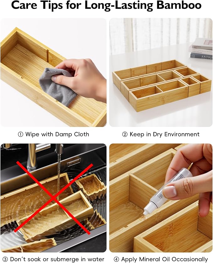 12-Piece Bamboo Drawer Organizer Set, 24 Compartments Modular Storage | Natural Bamboo, Flexible Modular Trays, Water-Resistant, Stackable Design, Adjustable, Excellent Organization, Easy to Clean - Image 8