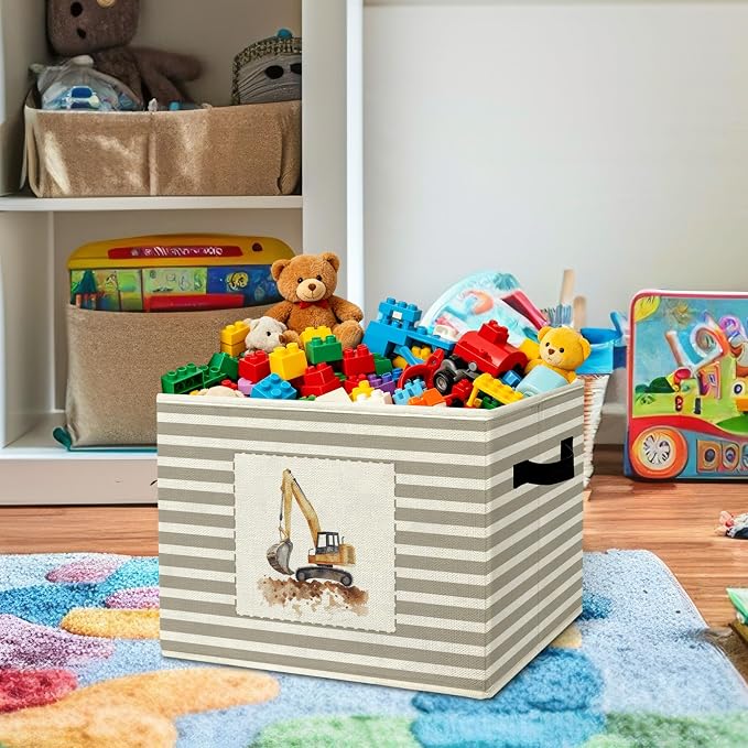 Rustic Construction Vehicle Storage Bins Boxes Handles | grey striped nursery foldable basket for organizing bedroom toddler playroom - Image 2