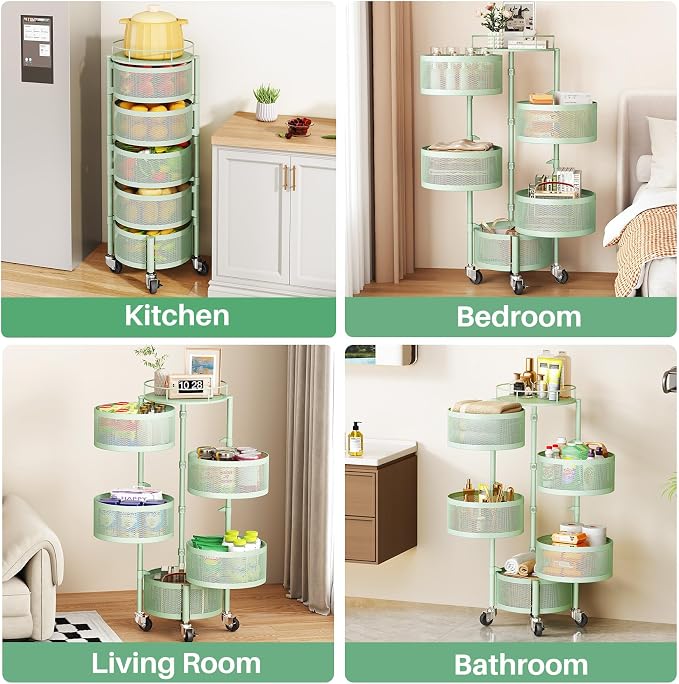 SAYZH 5 Tier Fruit Vegetable Basket Stand for Kitchen, Rotating, Green | Rolling Storage Cart with top lid, Large Metal Wire Rack for Potato and Onion Storage - Image 5