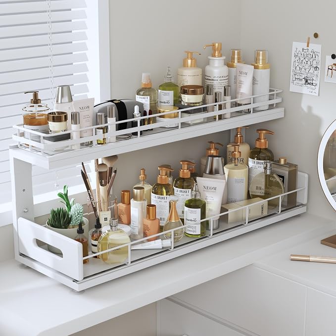 Under Sink Organizer Upgrade To Professional Rails,2-Tier Dual Pull Out Cabinet Storage,Height Adjustable Slide Out Drawers For Bathroom Kitchen,2 Pack-21"Dx12.8"-16.9"H,White - Image 9
