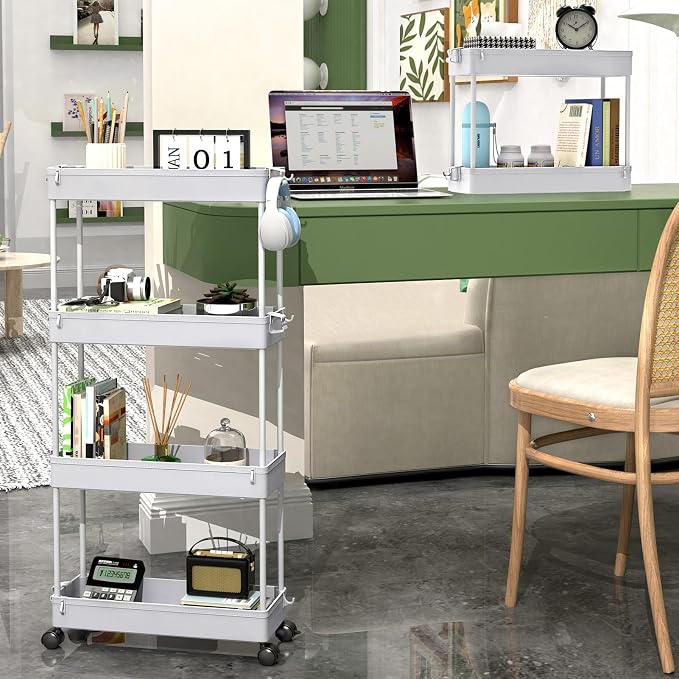 SPACEKEEPER Slim Rolling Storage Cart 4 Tier Bathroom Organizer Mobile Shelving Unit Storage Rolling Utility Cart Tower Rack for Kitchen Bathroom Laundry Narrow Places, Gray | Narrow Rolling Cart with Wheels for Kitchen Office Bathroom Laundry Room,Mob... - Image 6