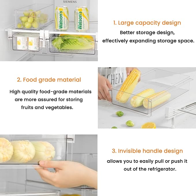 Fridge Organizer Drawer, Clear Plastic Fridge Organizer Bins, Add on Refrigerator Drawer,Fridge Storage Container Under Shelf Holder for Fruit, Vegetable, Meat, Cheese, Easy to Install-M - Image 4