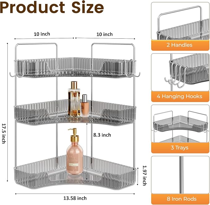 Bathroom Counter Organizer 3-Tier Corner Organizer with Hooks | Gray PET Counter Storage, Multi-Purpose for Bathroom Skincare & Kitchen Organization - Image 2