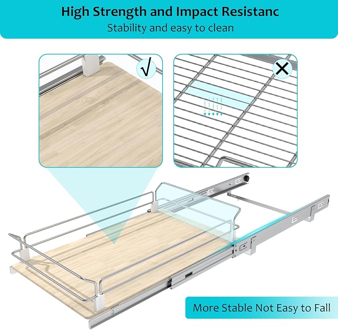 Pull Out Cabinet Organizer 17.45" W X 22" D, Wood & Chromed | Full Slide Out Drawers For Kitchen Cabinets, Cabinets Capacity Heavy Duty Caddy, Cabinet Pullout Shelves , Pantry Storage - Image 7