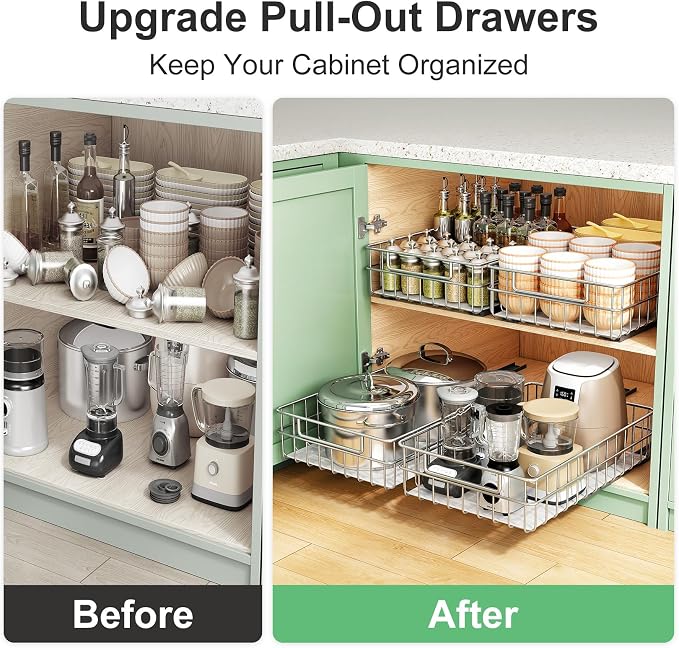 Stainless Steel Pull Out Cabinet Organizer(11.8"W x 16.5"D x 4.7"H)-1 Pack, Minimalist Design Frame, Full-Extension Slide Rails, Easy Installation for Pantry Organizers or Kitchen Cabinet Organizer - Image 9