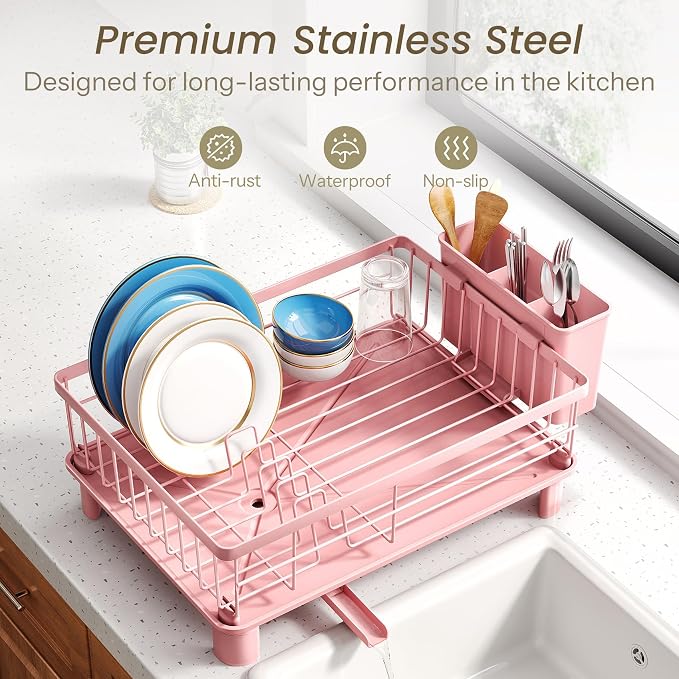 SNTD Dish Drying Rack for Small Kitchen Counter, 11" W x 15" L, Pink | Space Saving, Rotating Spout & Angled Drainboard for Quick Drainage, Stainless Steel, Removable Utensil Holder - Image 5