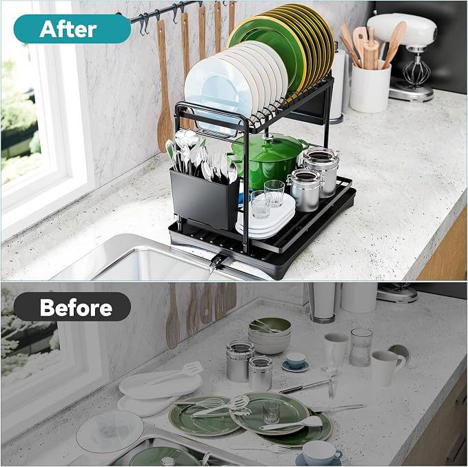 Simple Trending Dish Rack, Dish Drying Rack 2 Tier, Stainless Steel Dish Drainers with Utensil Holder and Drainboard for Kitchen Sink Organizers, 11.875" W x 16.625" D, Black - Image 5