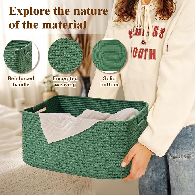3 Pack Large Storage Basket for Organizing, 17.5"x13"x7" Woven Basket for Shelves, Closet Cube Storage Bins with Wrapped Handle, Cotton Rope Baskets for Kitchen, Clothes, Toys(Green) - Image 3