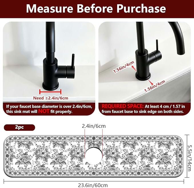 2 Pcs Black Flower Kitchen Sink Splash Guard Faucet Mat | Black Sketch Flowers Pattern Faucet Mat for Sinks Absorbing Drying Mat for Kitchen Bathroom 23.6x5.5in - Image 2