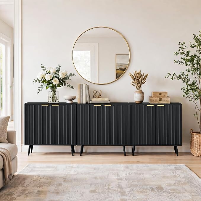 Set of 3 Fluted Storage Cabinet, Buffet Cabinet with Storage, Wood Sideboard with Adjustable Shelf, Modern Accent Cabinet & Console Table for Entryway, Living Room, Dining Room, Black - Image 3