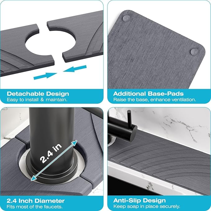 SpaceHacks Stone Faucet Mat for Kitchen Sink 23.7x4 in, Dark Gray | Fast Drying Diatomite Stone Drying Mat, Water Splash Guard, Textured Drainage Sink Protector, Suits Bathroom&Kitchen Counter - Image 5