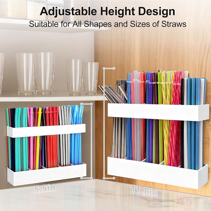 9.5” Large Acrylic Straw Holder for Cabinet Door, Adjustable Two-Part | Reusable Straws Organizer with Ultra Sticky Adhesive Strips, 2026 Straw Storage for Kitchen Cupboard (White) - Image 2
