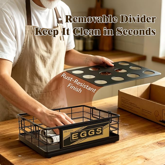 Farmhouse Egg Holder Countertop, Oak Wood & Metal Egg Basket with Handles | Stackable Rustic Egg Tray Organizer for Kitchen Counter, Holds 12 Eggs, Removable Divider for Fresh Egg Storage, Black - Image 7