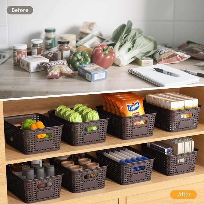 8 Pack Plastic Storage Baskets,Brown Stackable Storage Bins | 5.3qt Storage Containers with Labels for Organizing Shelves Drawers Desktop Closet Playroom Classroom Office - Image 4