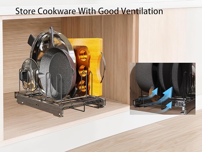 Pull-Out Pots and Pans Organizer under Cabinet | Smooth Pull-Out Rails, Heavy-Duty Metal, 10 Adjustable Dividers, Scratch-Resistant, Space-Saving, Black, 12" W x 22" D - Image 6