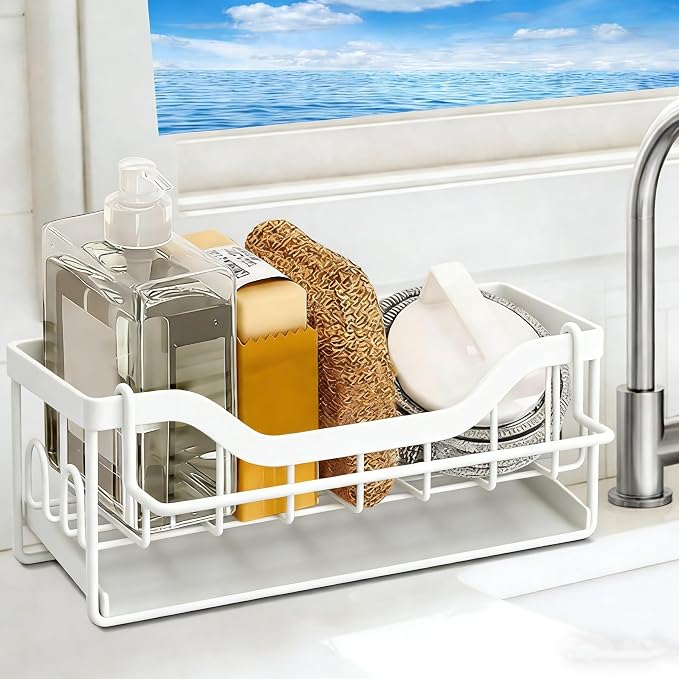 Sponge Holder for Kitchen Sink - Sink Caddy Organizer with Auto Drain Tray, Detachable Towel Rack, Stainless Steel Kitchen Counter Organizer Rack (White) by SWILLE