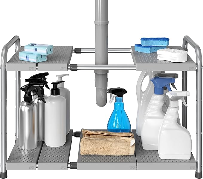 Simple Houseware Under Sink 2-Tier Heavy Duty Expandable Organizer, Silver | Adjustable Width 15.75–25 Inches with 4 Shelf Height Levels by SimpleHouseware