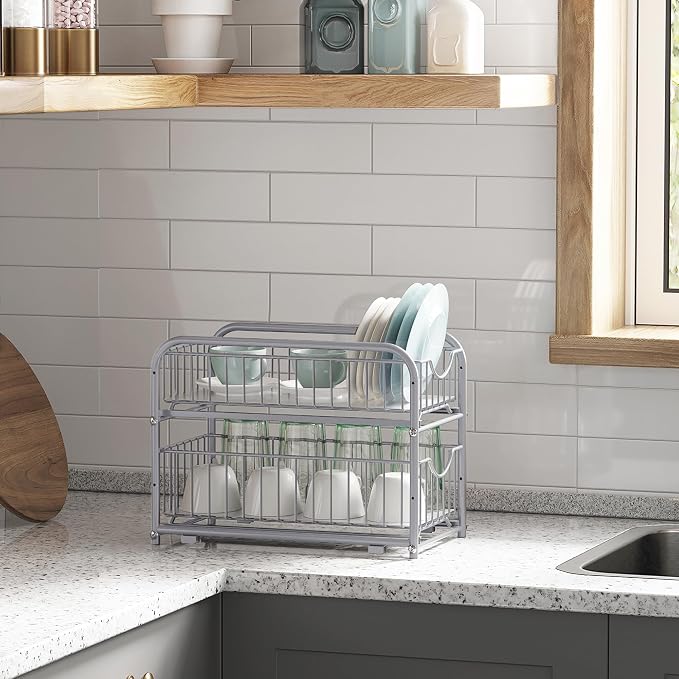 SONGMICS 2-Tier Pull Out Cabinet Organizers, Under Sink Organizer, Bathroom Organizer and Storage, Sliding Basket Drawers, Stackable for Kitchen, Bathroom, Metallic Silver UKCS017E01 | Gondola Shelving for Kitchen and Bathroom, Silver, PATALLA Collecti... - Image 2