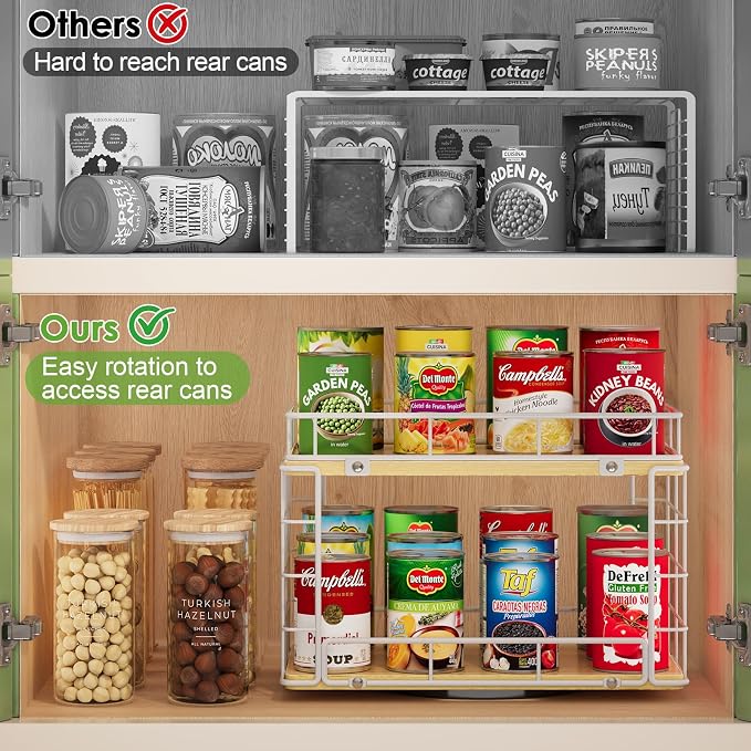 360° Rotating Lazy Susan Can Organizer for Pantry, Holds 26 Cans, White | 2-Tier Metal Wire & Wood Turntable Can Rack Holder, Storage for Canned Goods, Kitchen Pantry Cabinets & Countertops - Image 5