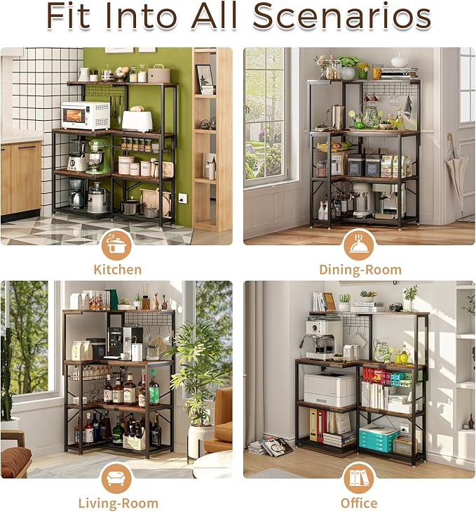 4-Tier L-Shaped Baker's Rack with Power Outlet, Corner Coffee Bar, Brown | Kitchen Appliance Storage, Pull Out Basket, 6 Hooks and Flexible Installation Options for Kitchen, Balcony, Living Room - Image 9