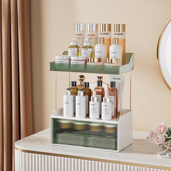 Delamu 4-Tier Makeup Organizer, Bathroom Counter Storage, 2 Drawers,Green | Elegant Vanity Organizer Gift for Women, Holds Perfume, Skincare, Nail Polish & Hair Accessories for Bathroom Countertop - Image 3