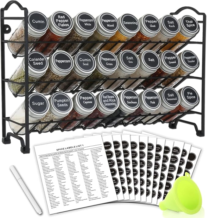 SWOMMOLY 3 Tier Spice Rack Organizer with 24 Empty Round Spice Jars, 396 Spice Labels, Funnel and Chalk Marker Complete Set, Black | Chalk Marker, Funnel Set for Cabinet, Countertop, Pantry, Cupboard or Door & Wall Mount - 24 Jars, 14.8" W × 9.8" H, Black by SWOMMOLY