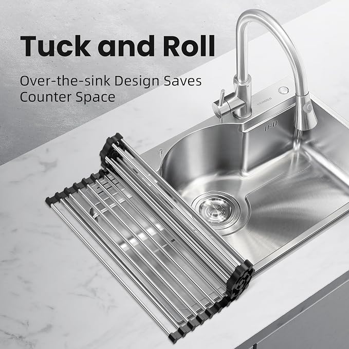 NEZUIBAN Dish Drying Rack with Roll Up and Over Sink for Kitchen,17.5"x11.8",Black - Image 4