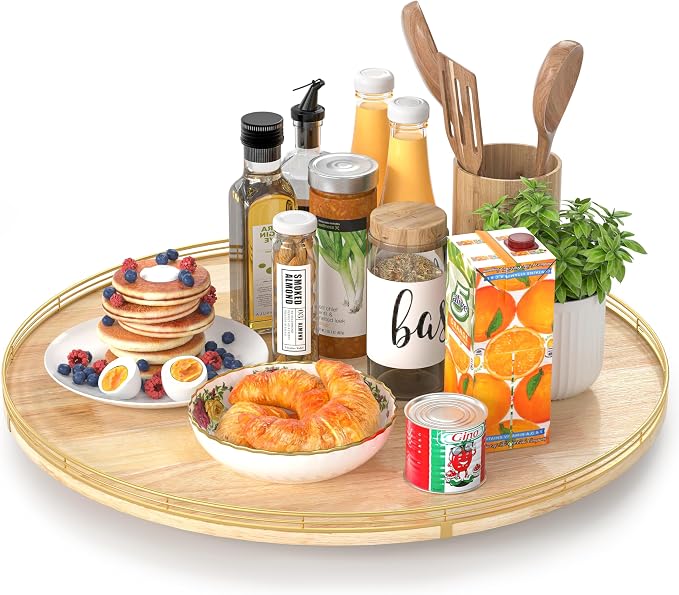 AMH 24-Inch Extra Large Lazy Susan with Solid Oak Base and Black Iron Rail | Smooth rotating oak tray with walnut finish for dining tables, kitchen counters, pantries and cabinet storage. by AMH