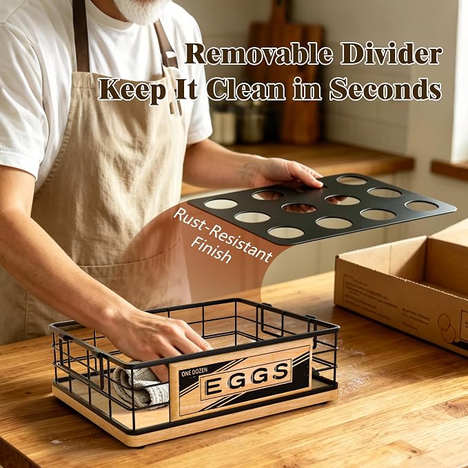 Farmhouse Egg Holder Countertop, Oak Wood & Metal Egg Basket with Handles | Stackable Rustic Egg Tray Organizer for Kitchen Counter, Holds 12 Eggs, Removable Divider for Fresh Egg Storage, Natural - Image 7