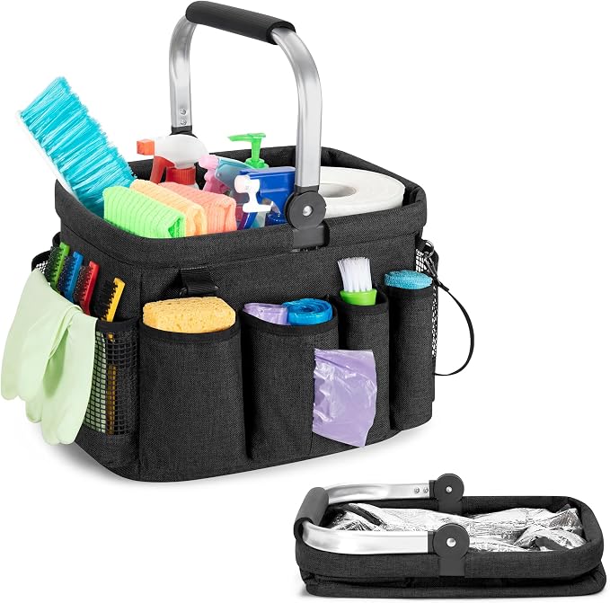 PGmoon Cleaning Caddy Organizer with Handle,Black | Cleaning Tote Bag with Multiple Pockets for Cleaning Supplies, Products Storage, Housekeepers, Kitchen Cleaning Supplies by PGmoon