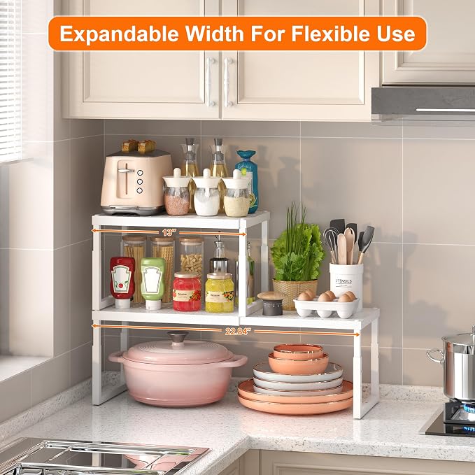 Shelf Organizer Riser For Cabinet Pantry Kitchen Countertop Cupbaord Closet | Expandable Width, Adjustable Height, Stackable As 2-Tier Shelf Rack, Snap-Button: Easily Adjust Height, Heavy Duty Metal - Image 3