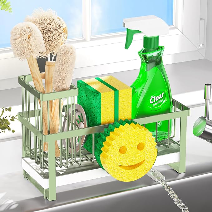 Sponge Holder for Kitchen Sink,Sink Caddy with Removable Dish Brush Holder,Self-Draining Kitchen Countertop Organizers and Storage Essentials,Soap Dispenser Organize and Home Decor-Green by Taugast