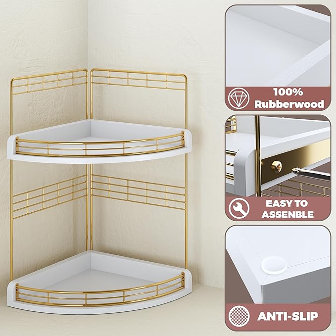 Bathroom Countertop Corner Organizer for Small Spaces, 2-Tier Counter Shelf | Oak Wood & Iron, Fan-Shaped Counter Shelf for Sink & Vanity Corners, Skincare, Toiletries, Compact Vertical Storage, White - Image 5