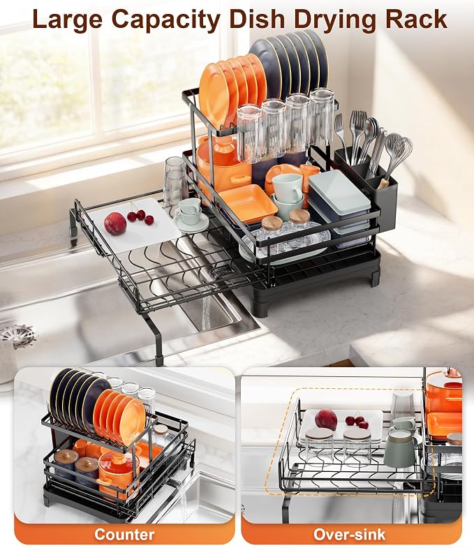 Hanyi 2-Tier Expandable Dish Drying Rack for Counter and Over Sink | Large-capacity rack with foldable upper tier, 15.7-26.4 in over-sink extension, automatic drainage and rust-resistant frame - Image 3