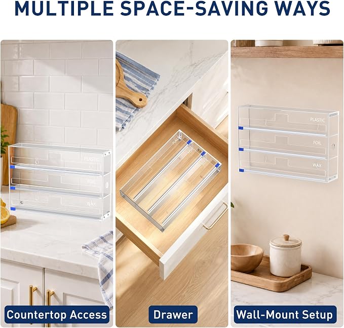 3 In 1 Acrylic Aluminum Foil, Plastic Wrap Organizer with Cutter | Clear Kitchen Storage for Wax Paper Dispenser Holder, For Drawer or Wall Mount, Fits 12 Inch Roll - Image 8