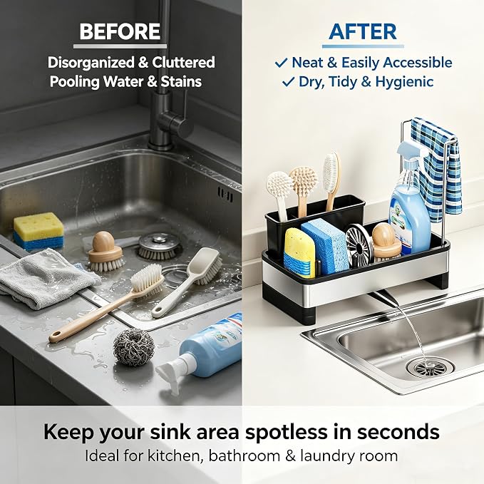 Stainless Steel Sink Caddy Sponge Holder for Kitchen Sink 9.8″ | with Auto-Drain, with Removable Brush Holder & Towel Rack, Rustproof Sink Organizer for Countertop, Kitchen Accessories - Image 3