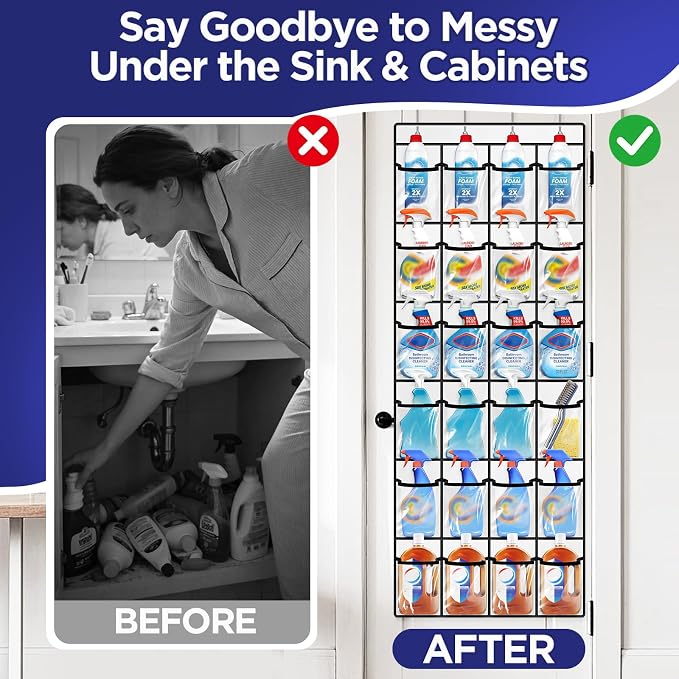 Clear Cleaning Supplies Organizer,Cleaning Products 24 Large Pockets | Over The Door All Purpose Cleaner Holder for Laundry Bathroom, Auto Glass Cleaner Organizer for Garage,Spray Bottle Holder - Image 2